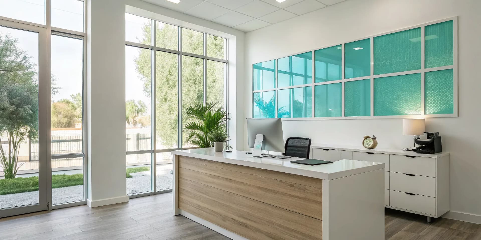 Chiropractic marketing automation software on a computer in a modern clinic reception area.