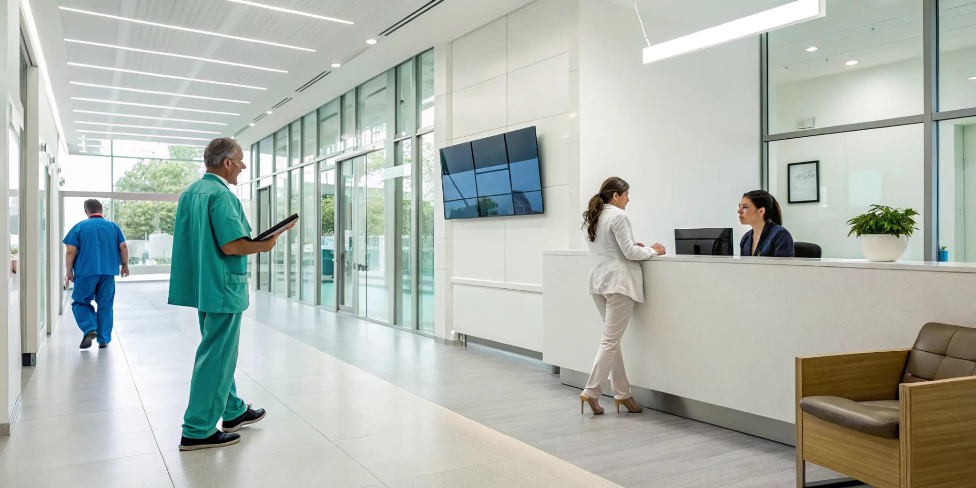 Automated marketing for spinal decompression patients in a modern clinic reception area.