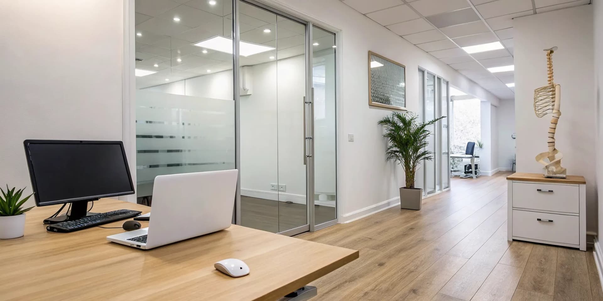Modern chiropractic clinic with computers and a spine model using clinical systems for chiropractors.