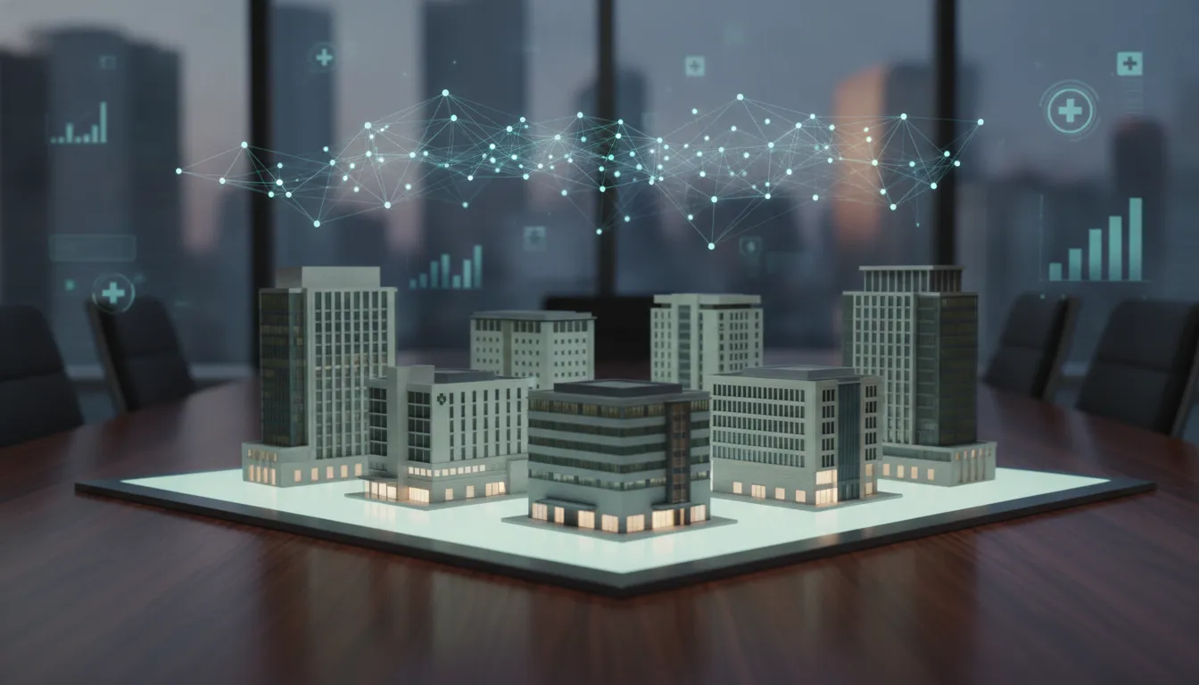 A multi-unit owner plans the growth of the best healthcare franchises with model buildings on a boardroom table.