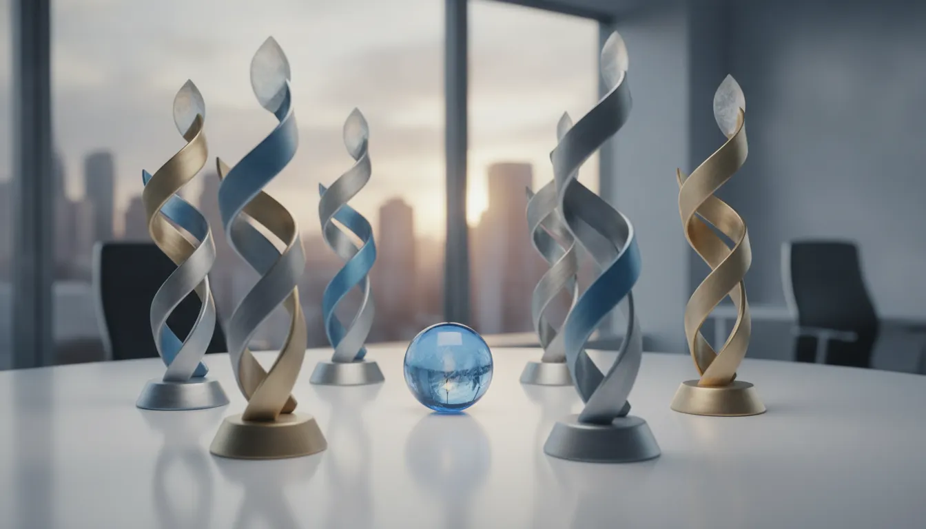 Modern spiral trophies and a blue glass sphere on a table.