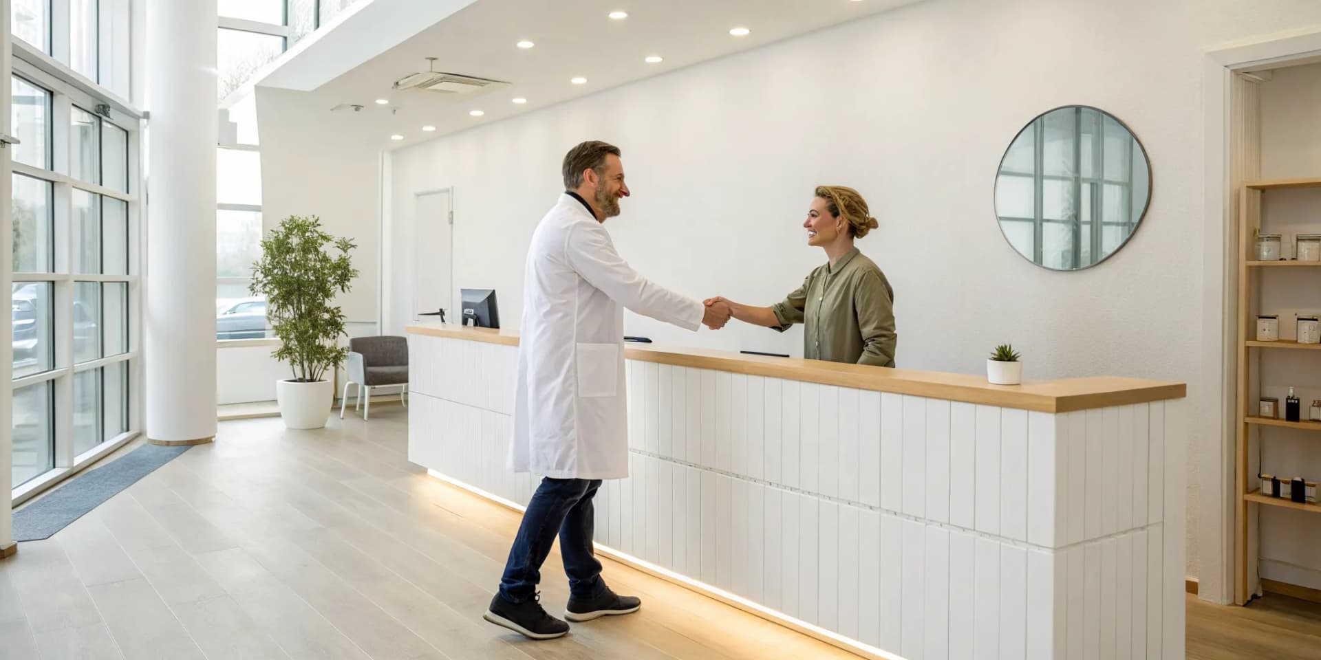 Chiropractor increasing patient loyalty with a welcoming greeting at the reception desk.