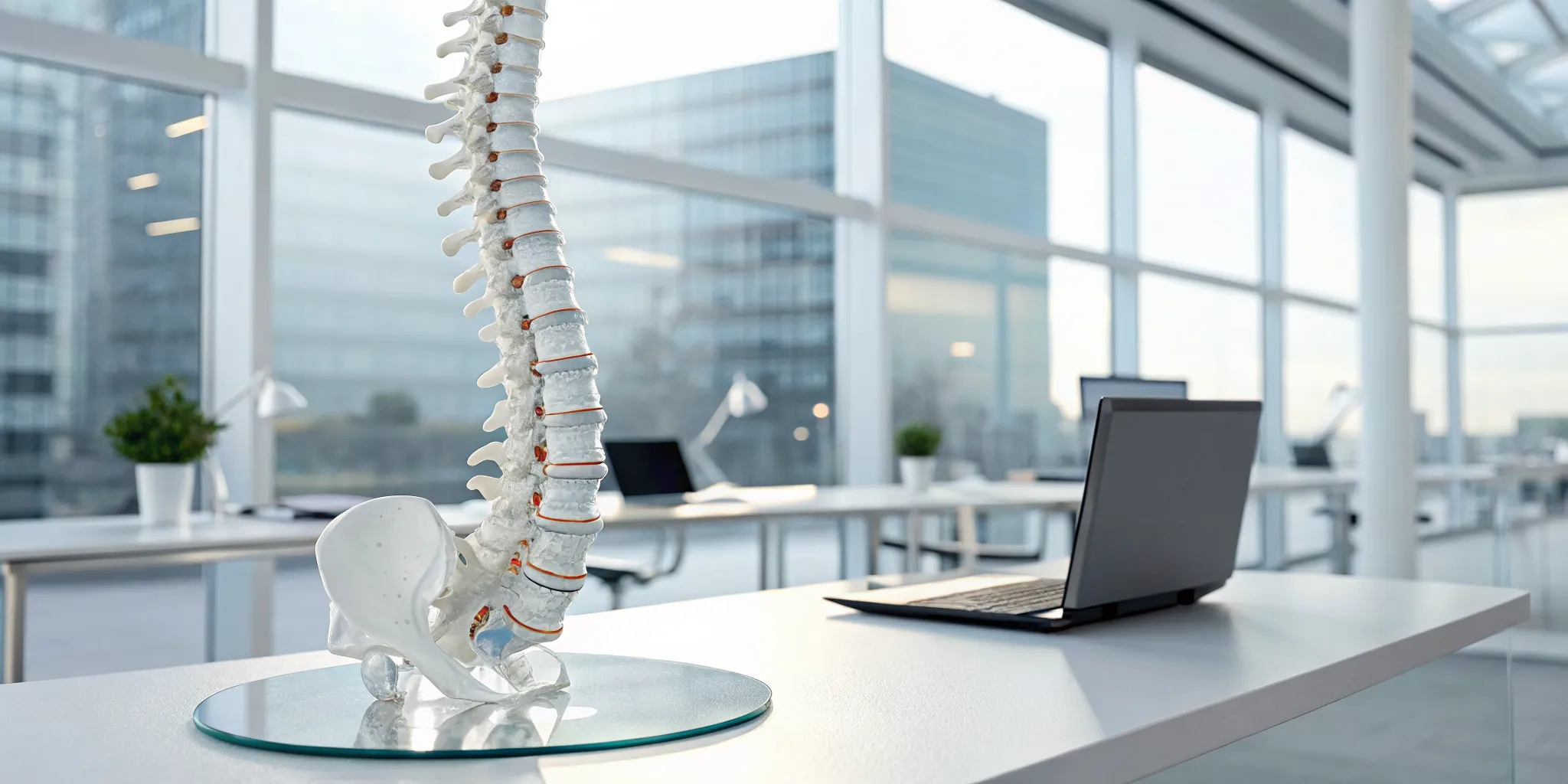 Spine model and laptop on a desk for automated chiropractic marketing.