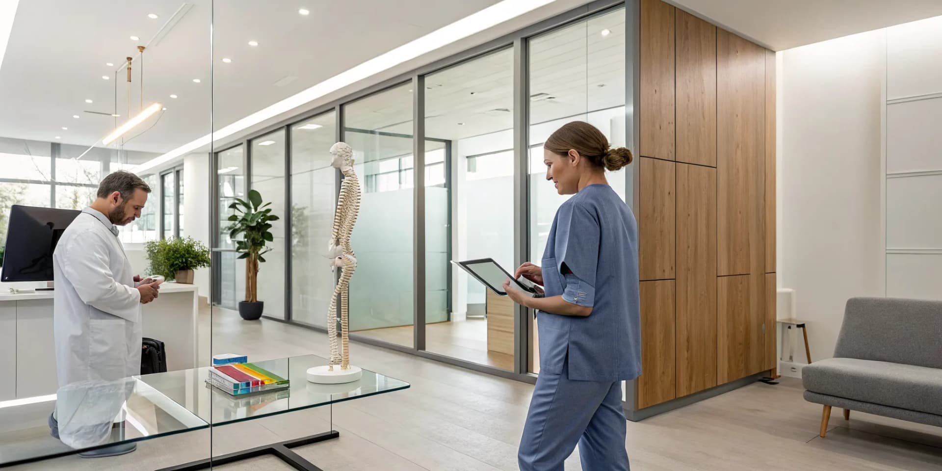 Chiropractor and assistant analyzing clinic data to maximize return on investment.