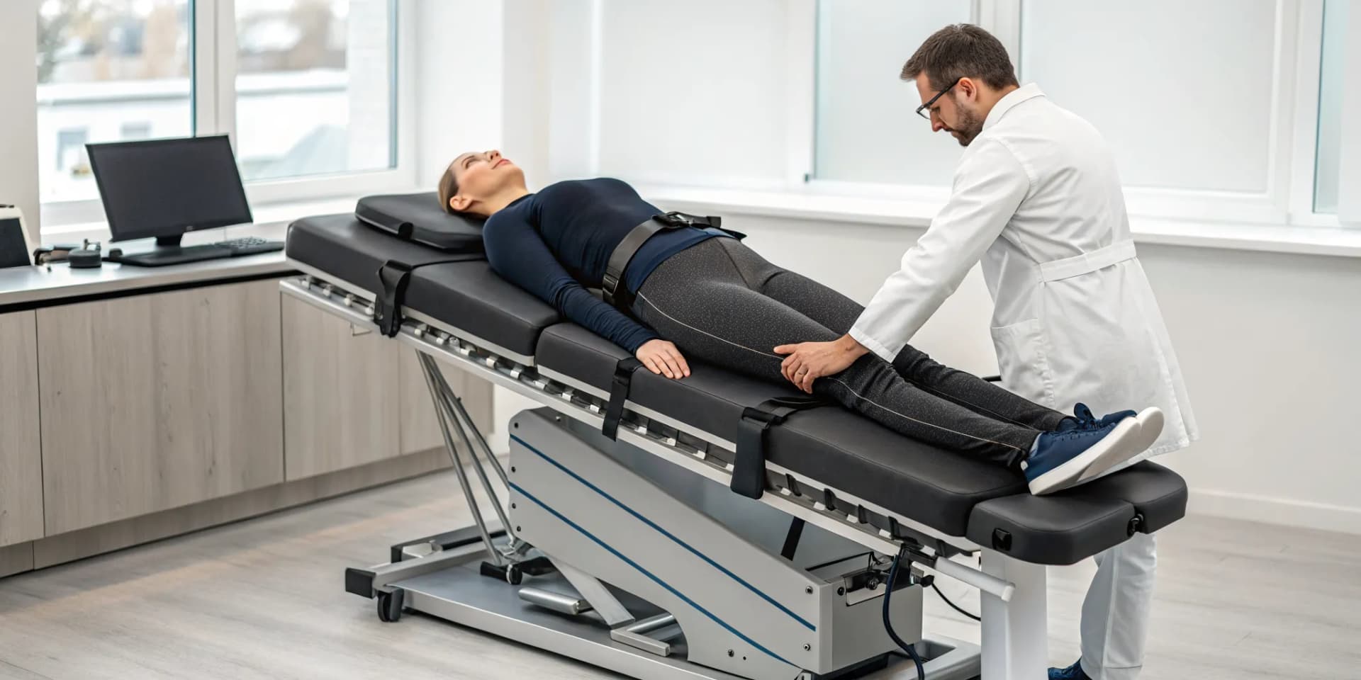 A chiropractor using spinal decompression technology to treat a patient on a motorized table.