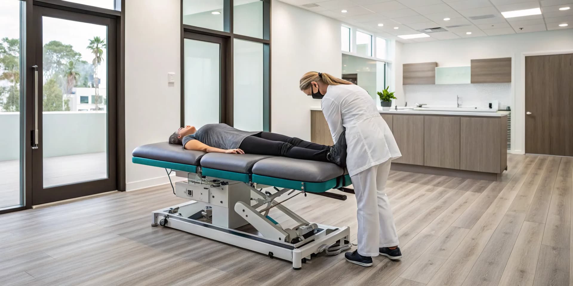 Chiropractor providing spinal decompression therapy in a modern chiropractic franchise clinic.