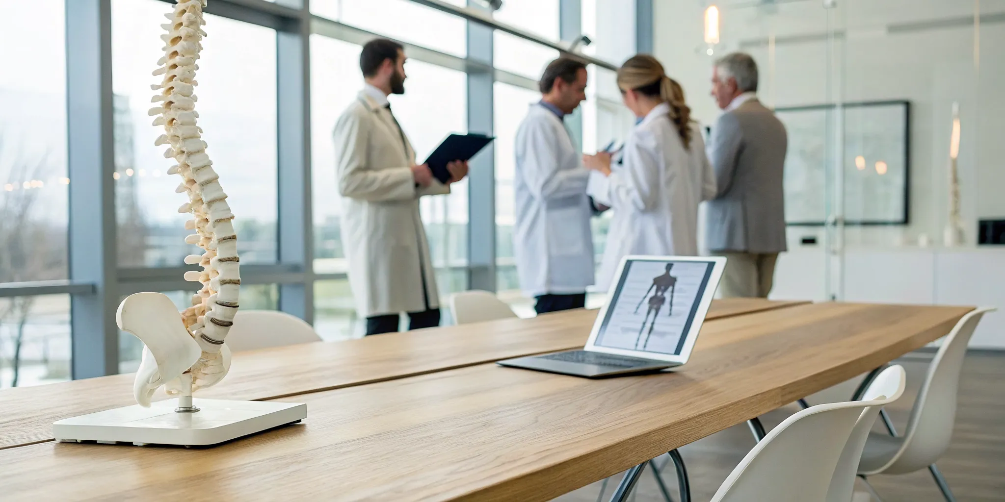 Doctors discussing chiropractic franchise opportunities in a modern clinic office.