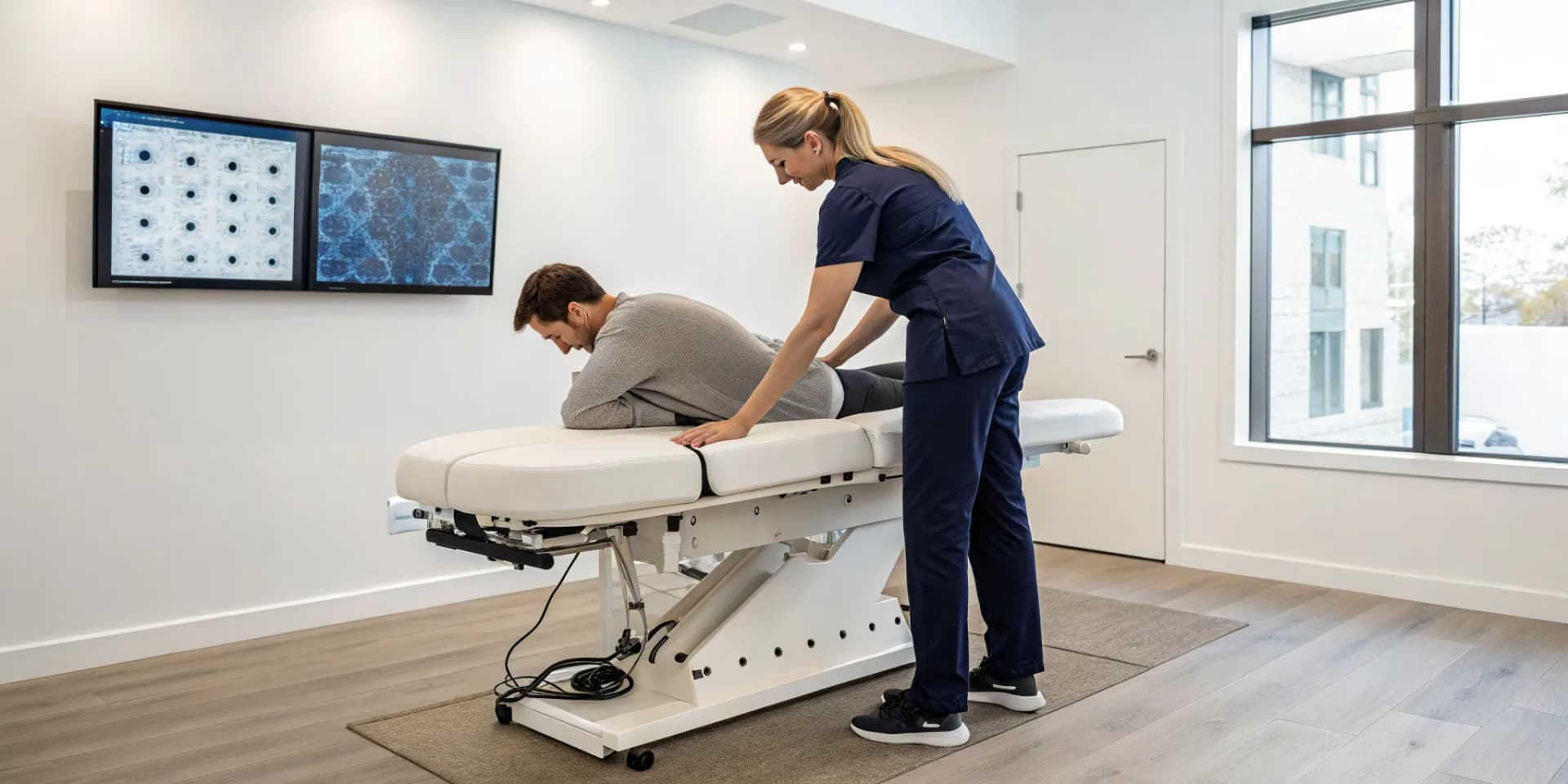 A chiropractor uses the latest technology for chiropractic clinics on a patient.