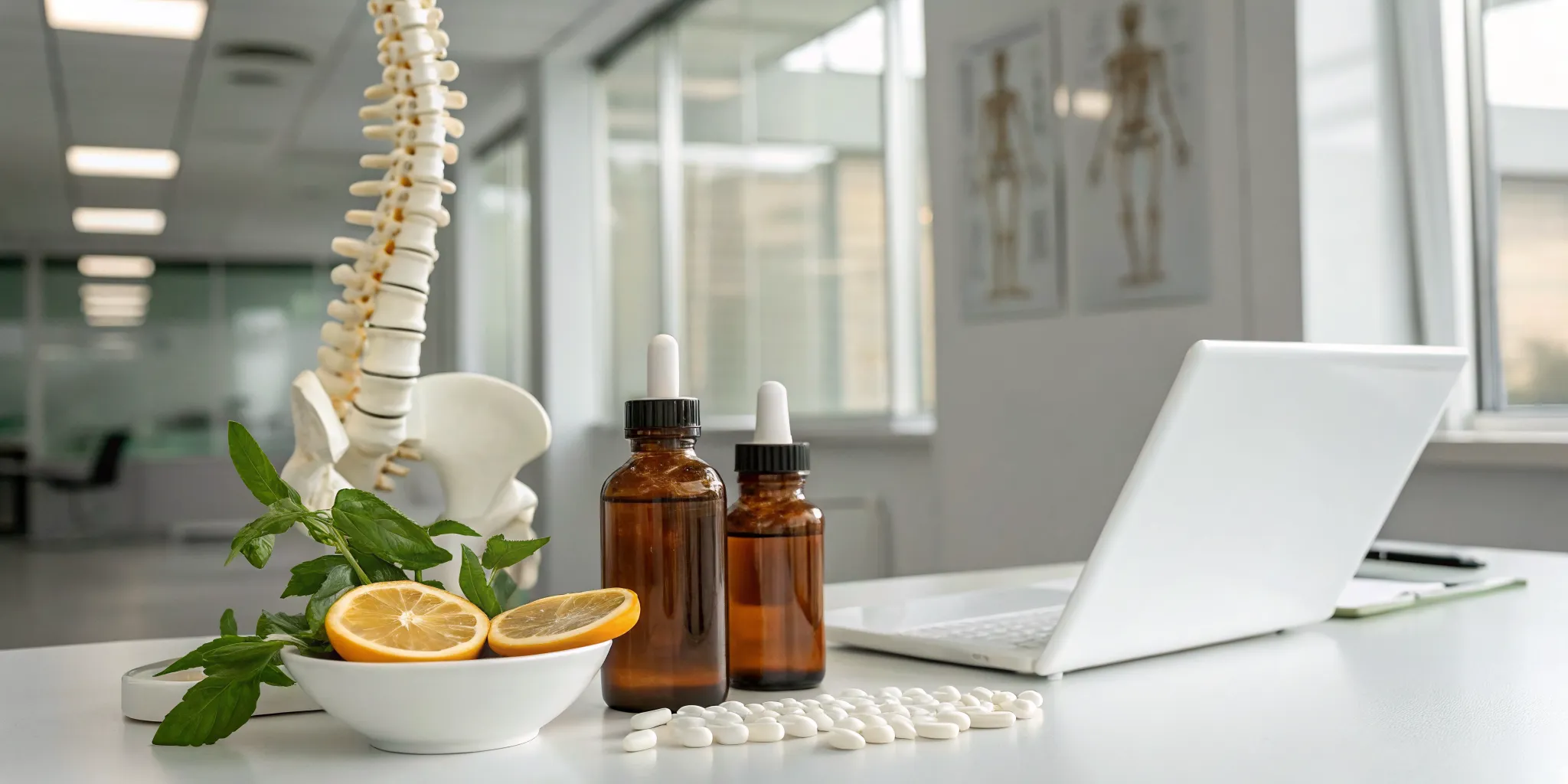 Proprietary nutrition protocols for chiropractors with supplements, herbs, and a spine model on a desk.