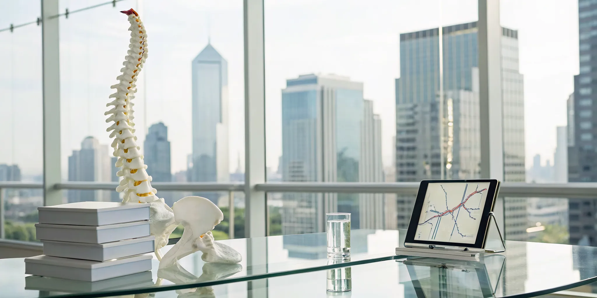 Chiropractic spine model and tablet on a desk, key elements of a successful chain business model.