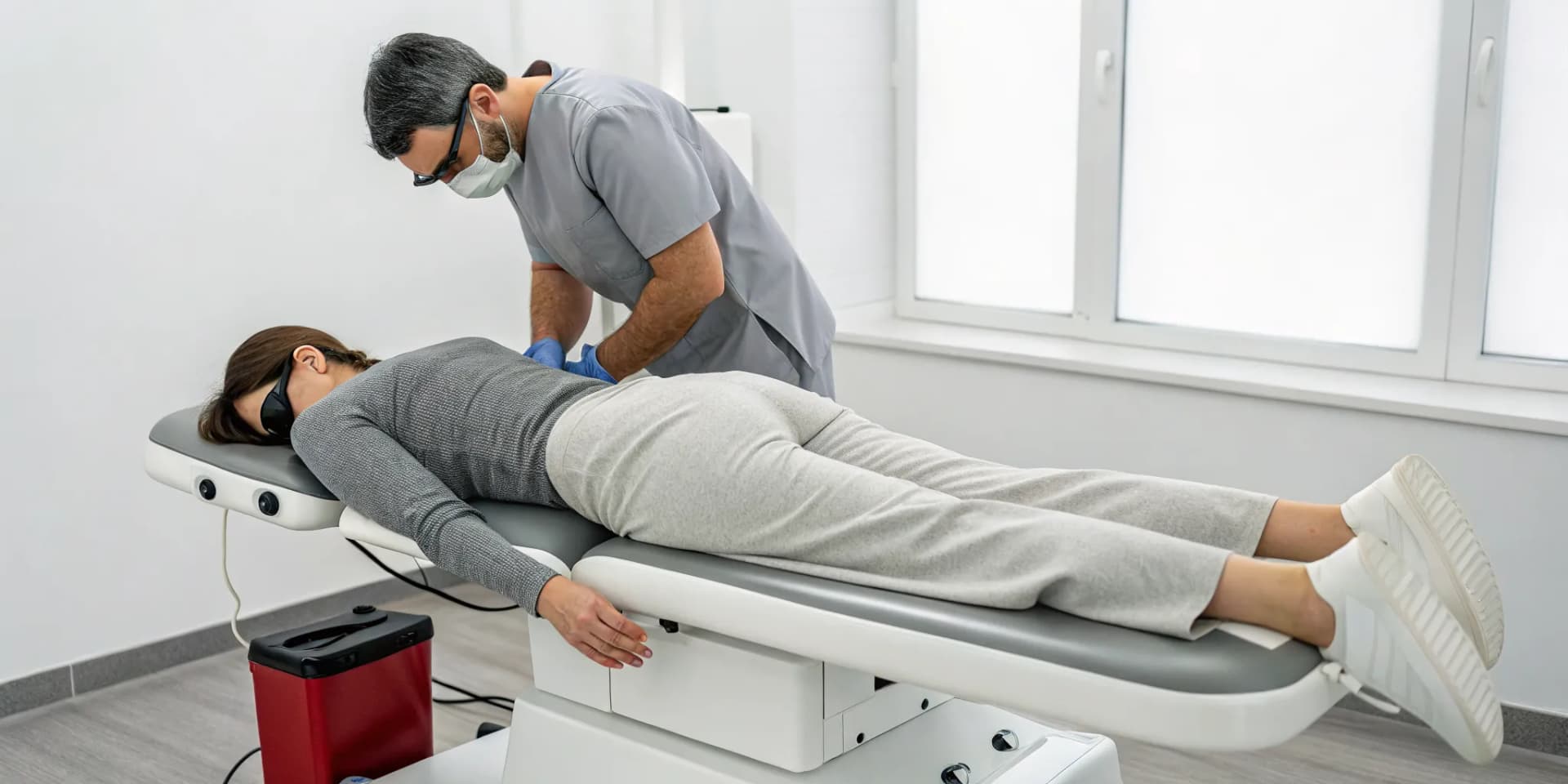 Chiropractor using a class 4 laser on a patient for a disc injury.