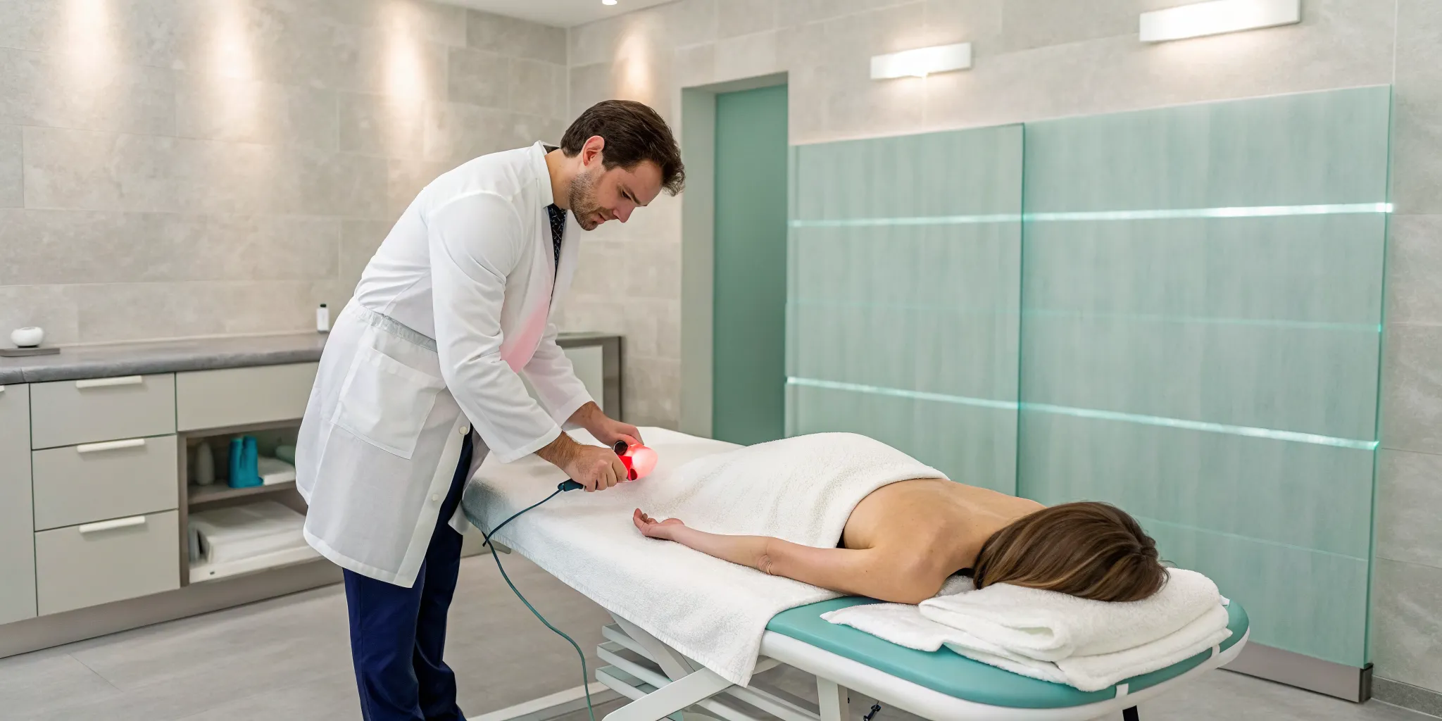 Doctor performing the best laser treatment for lower back pain on a patient.