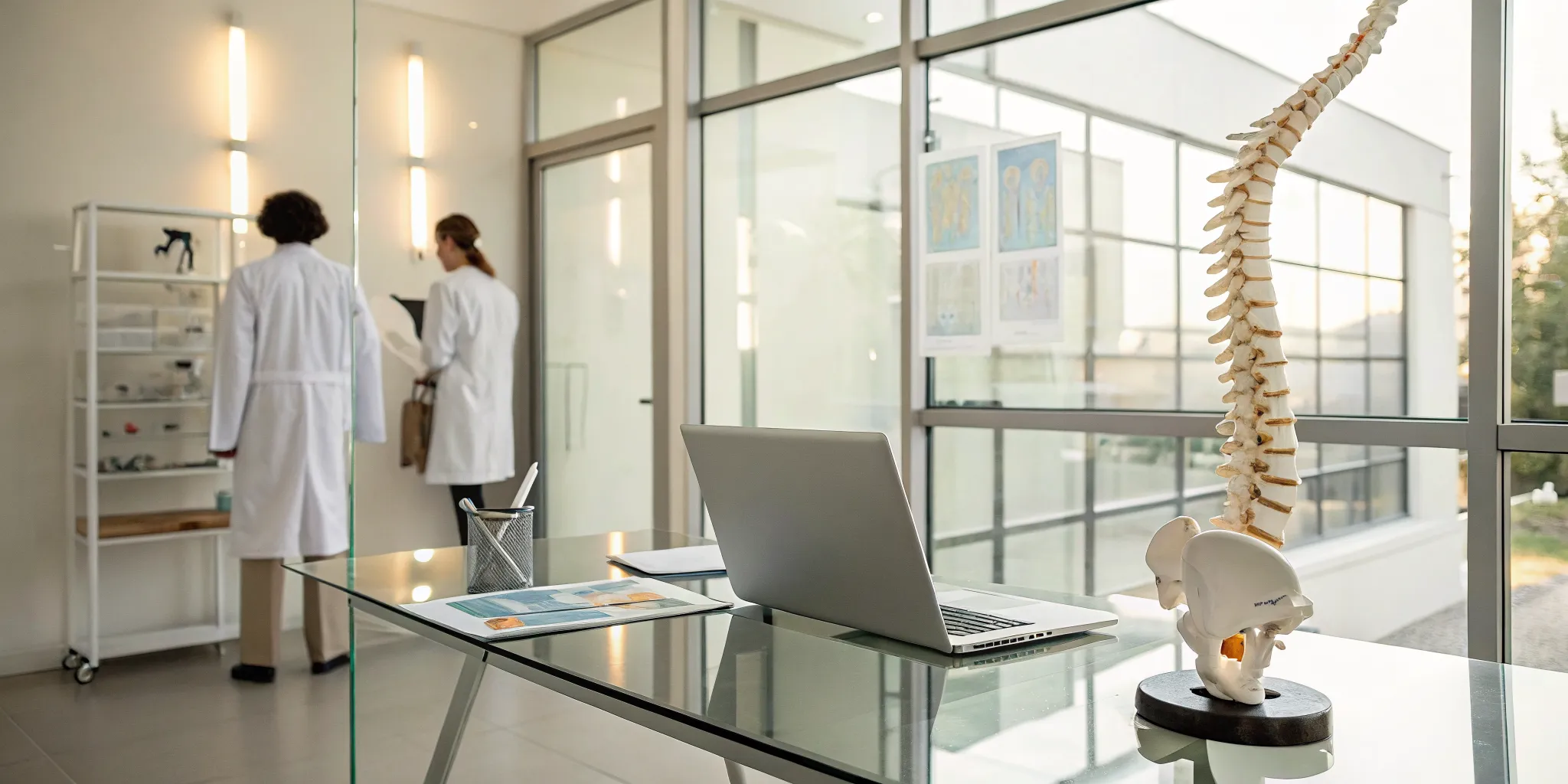 A chiropractor in a modern office using a laptop for the best marketing automation.