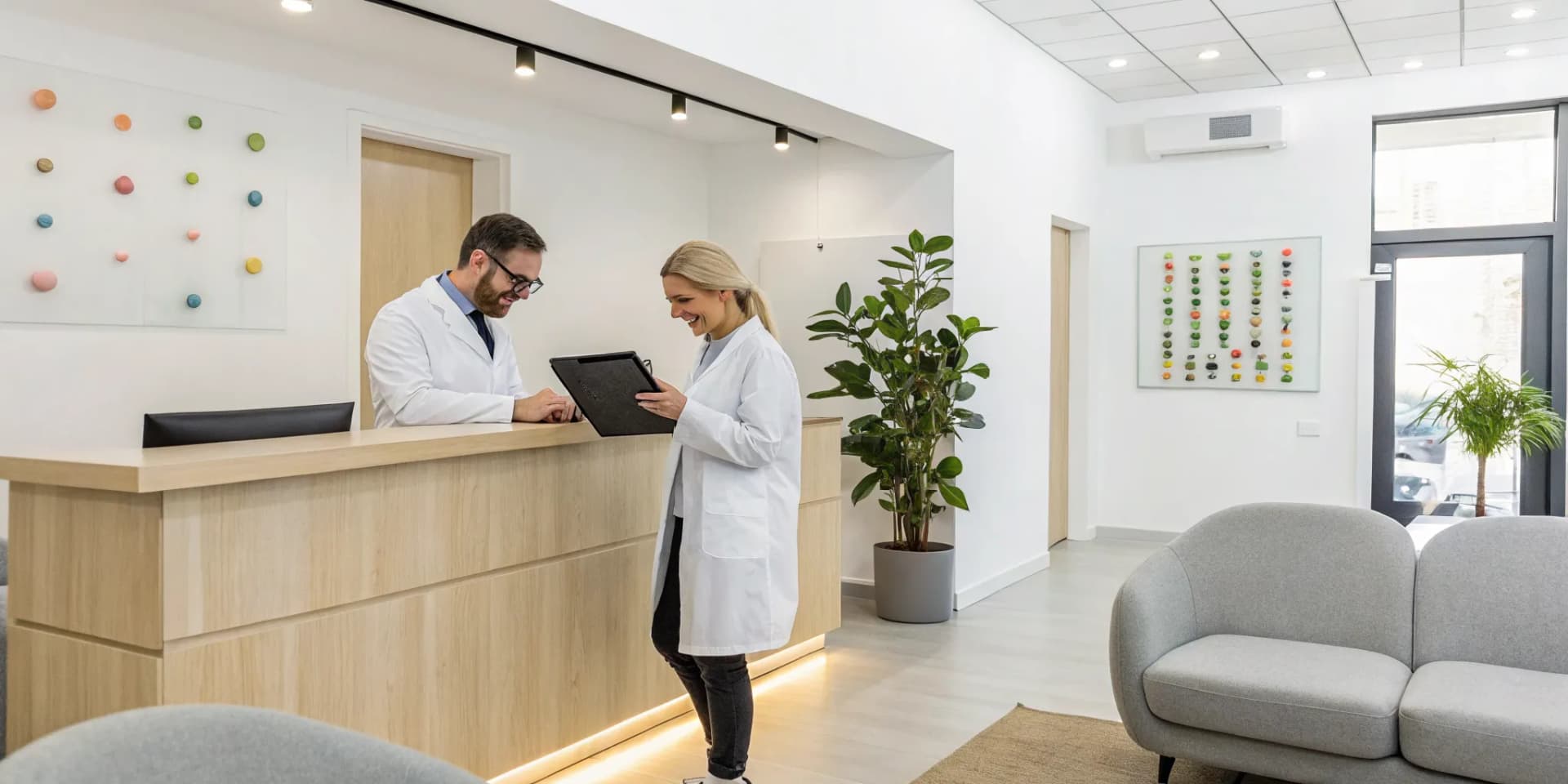 Chiropractors review patient retention software on a computer at a clinic front desk.