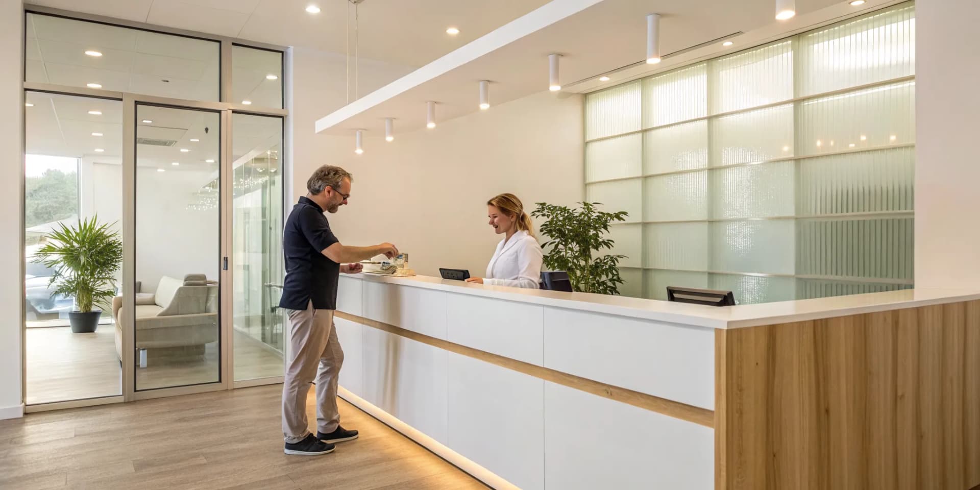 Patient at a clinic front desk paying for cash-based chiropractic services.