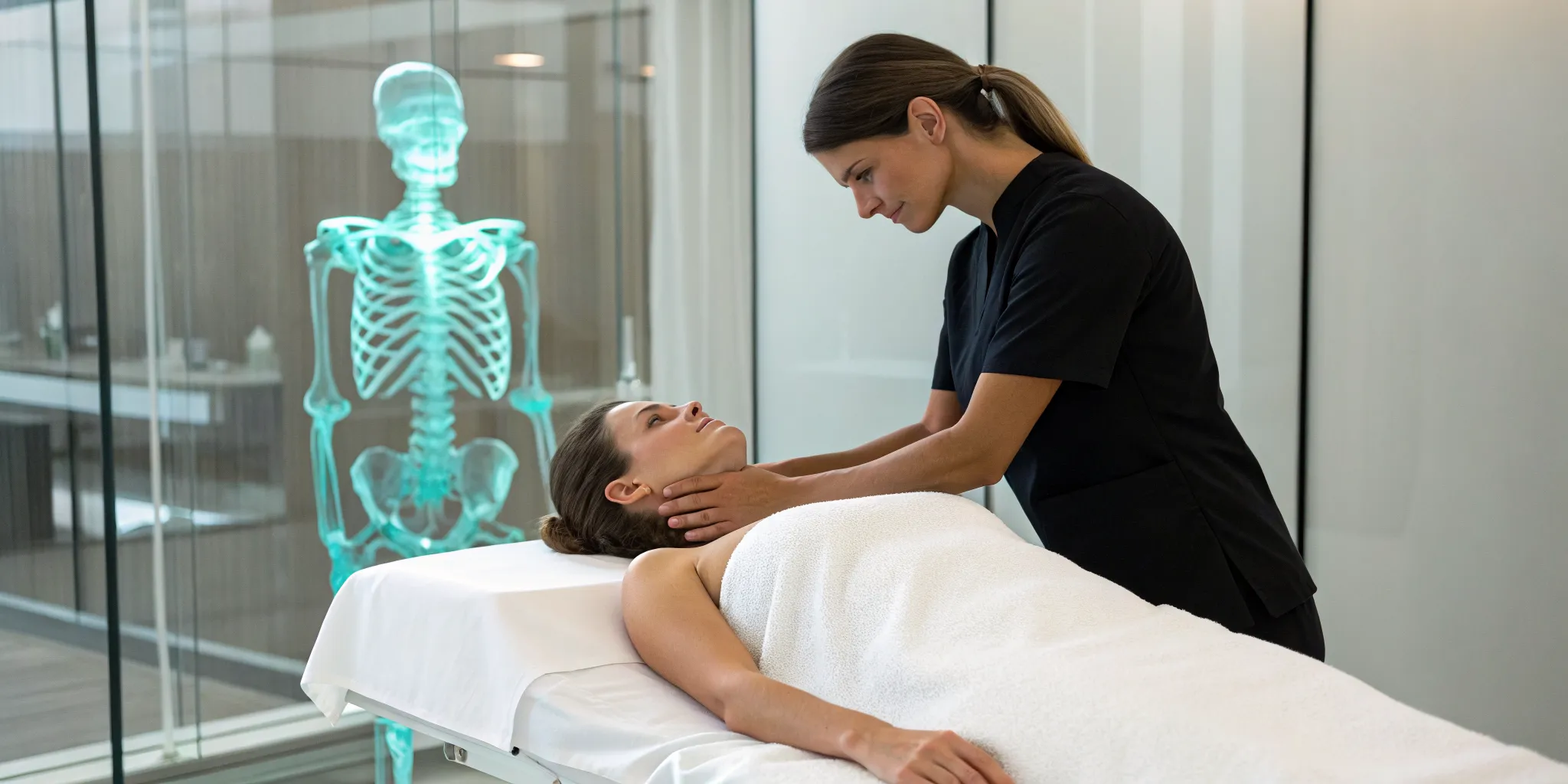 Chiropractor performs a neck adjustment, connecting the science of chiropractic care and sleep.