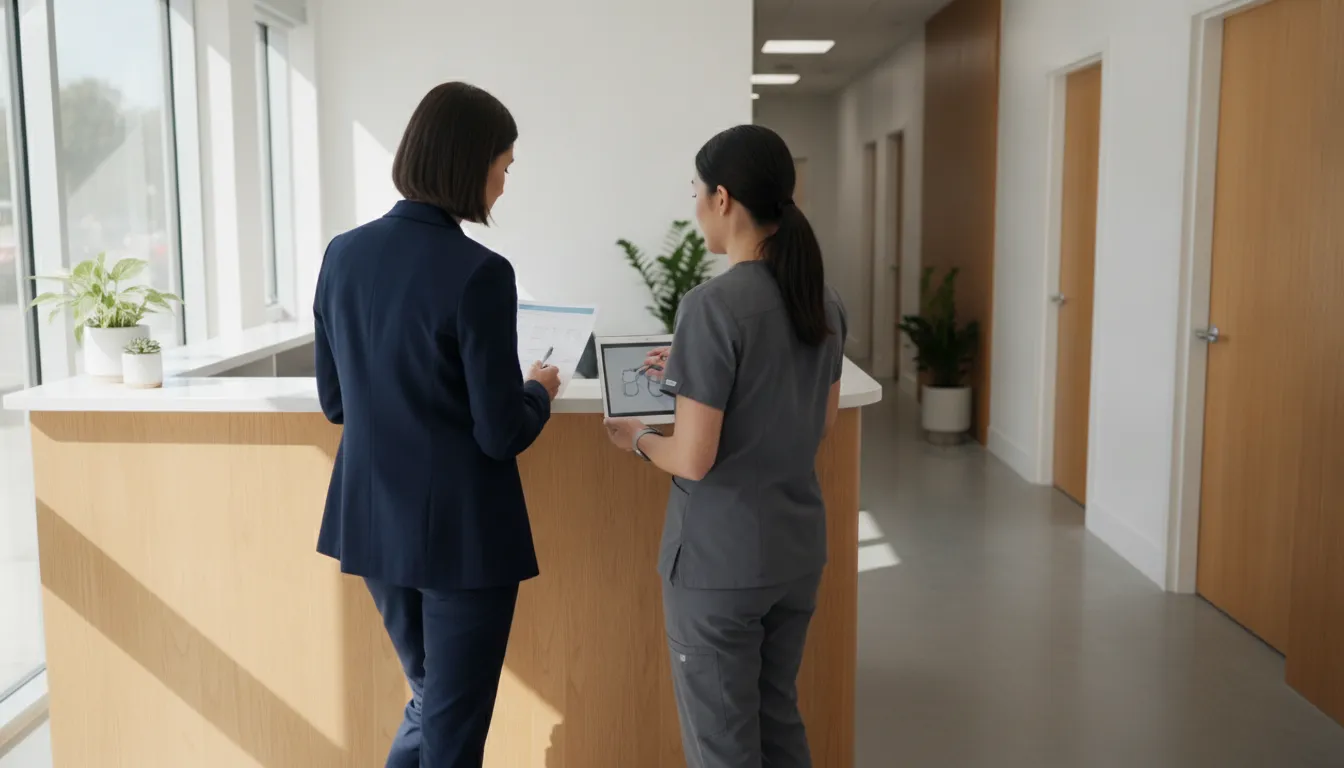 A practice owner reviews a printed duty checklist with a clinic team member at a bright chiropractic reception desk