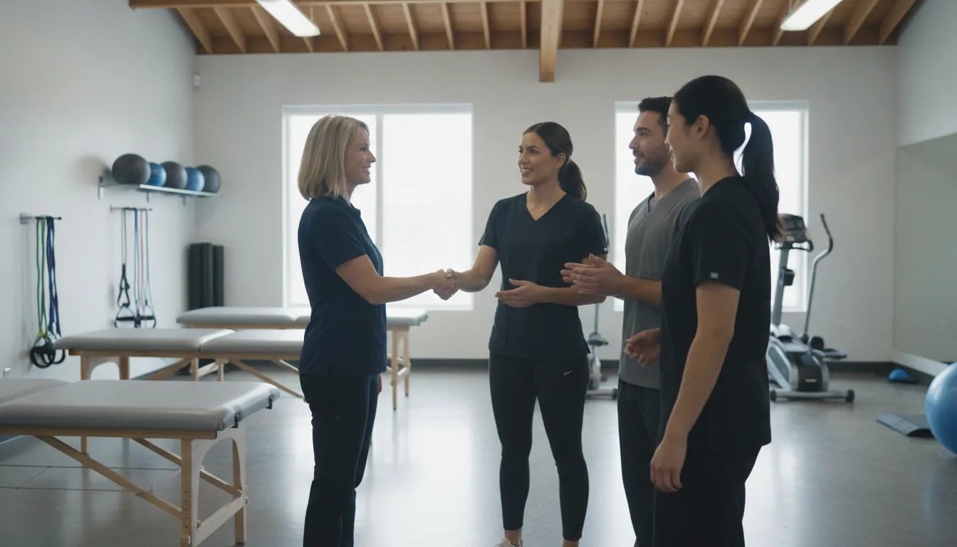 Chiropractic clinic owner reviewing a grand opening plan with a trained team in a bright modern clinic.