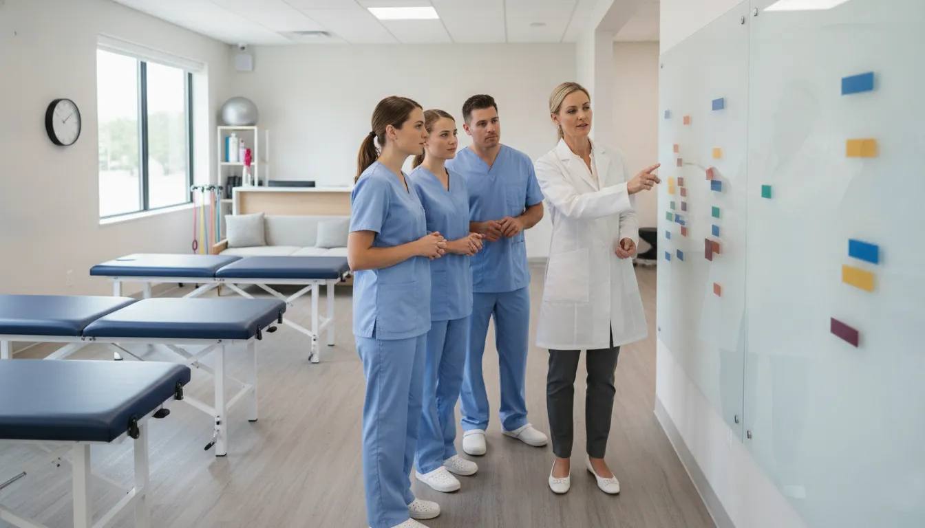 Chiropractic practice owner reviewing workflows with a clinical team