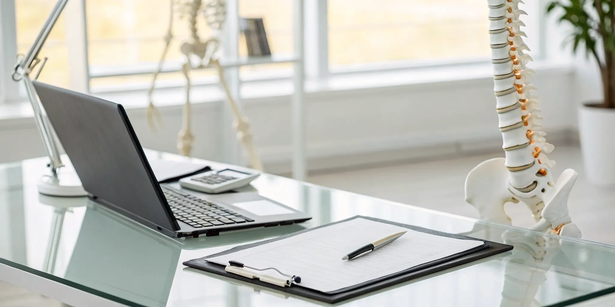 A chiropractic office desk with a spine model, part of the total investment for a chiropractic franchise.