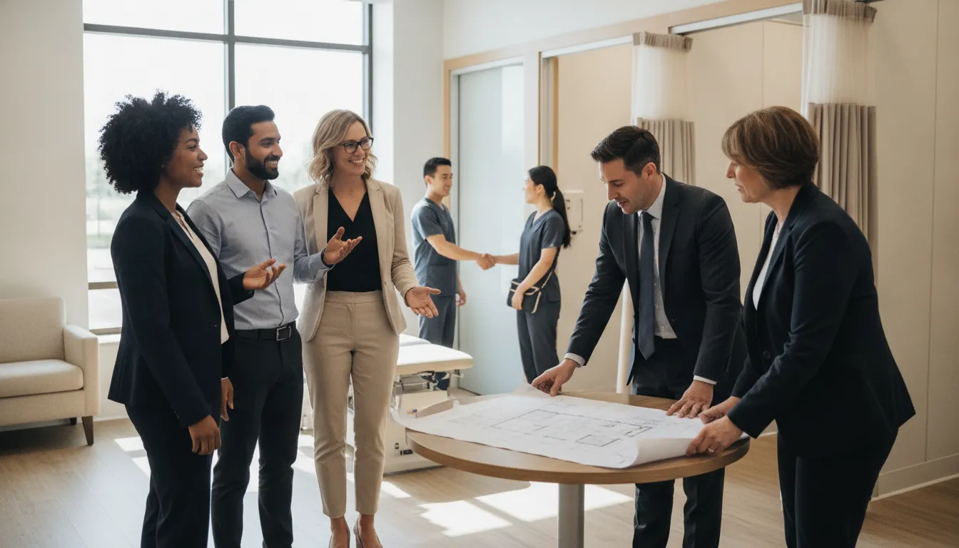 Three chiropractic franchise ownership paths represented by healthcare leaders in a modern clinic