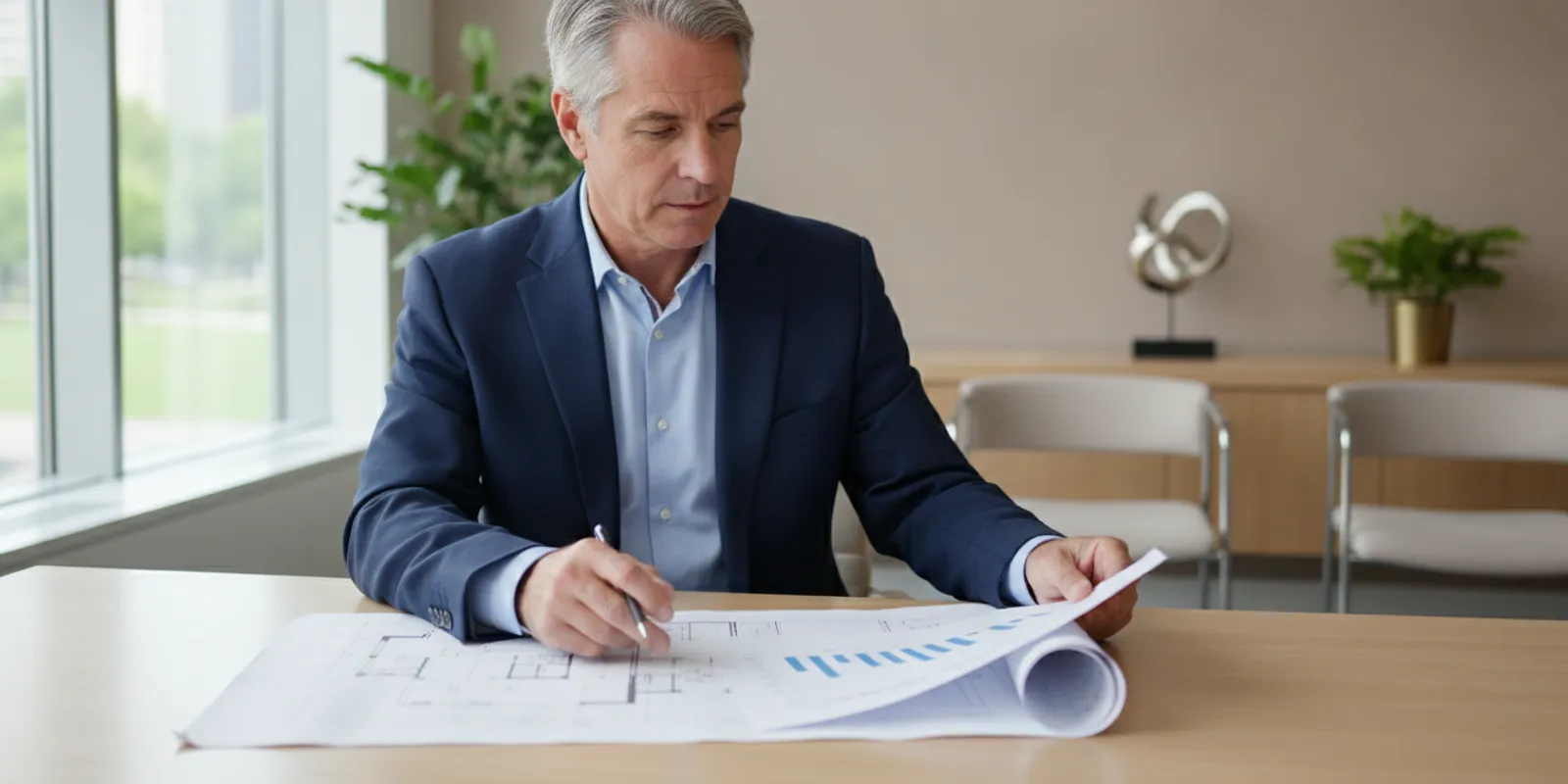 Chiropractor reviewing clinic plans and financial documents at a desk