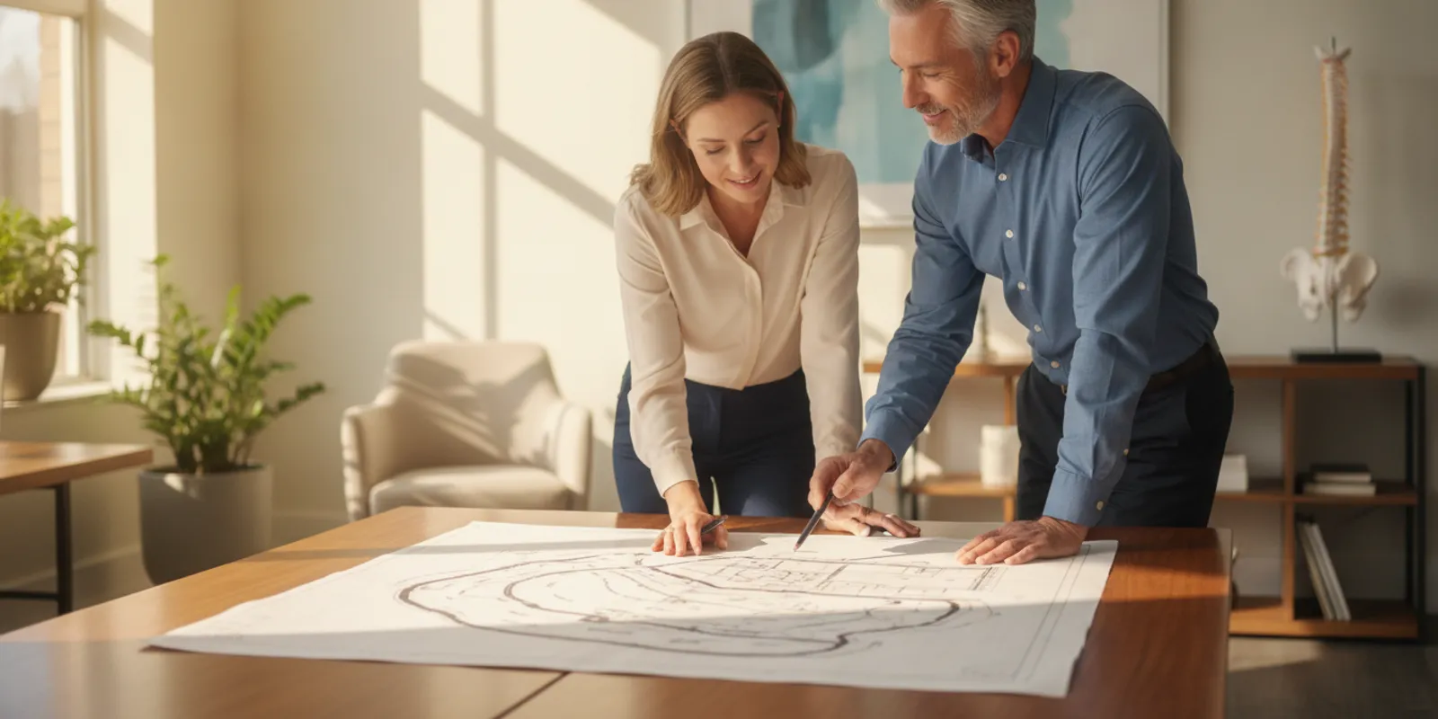 Chiropractor reviewing a practice plan with a team member in a bright clinic office