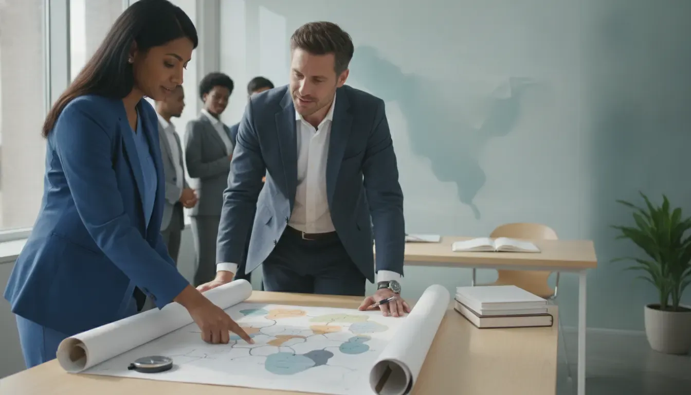 Chiropractor and business advisor reviewing a market map for chiropractic franchise territories
