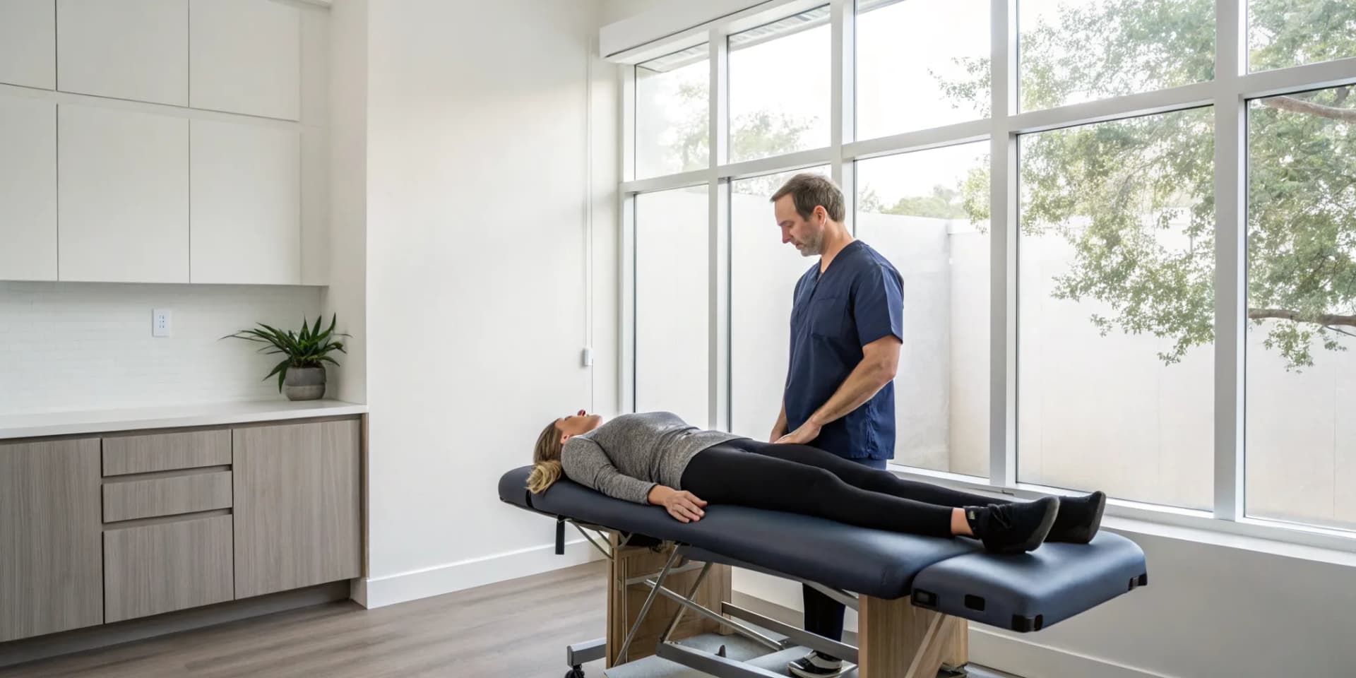 Chiropractor performing a lumbar spine manipulation for lower back pain relief.