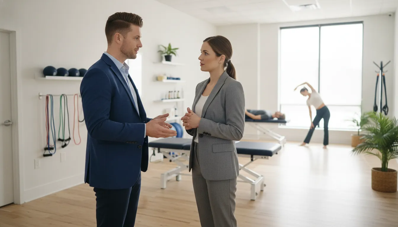 Chiropractic practice owner and operations manager reviewing clinic workflows