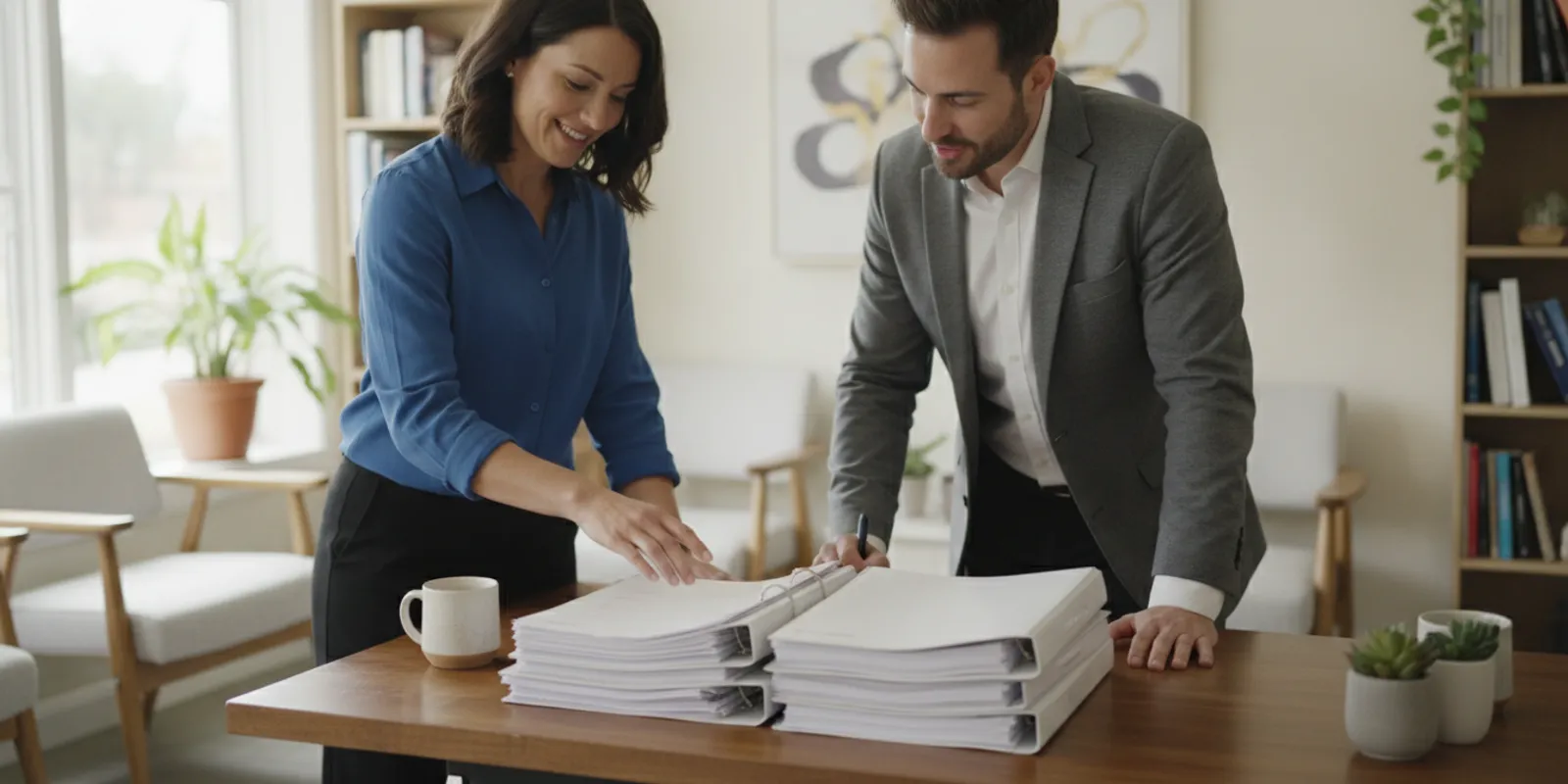 Chiropractor reviewing practice documents at a desk inside a clinic