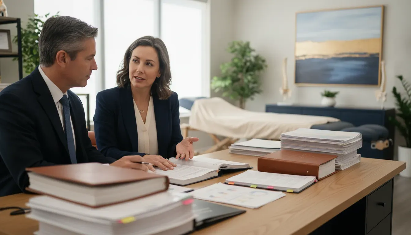 Chiropractic practice owner reviewing organized records with an advisor in a modern clinic