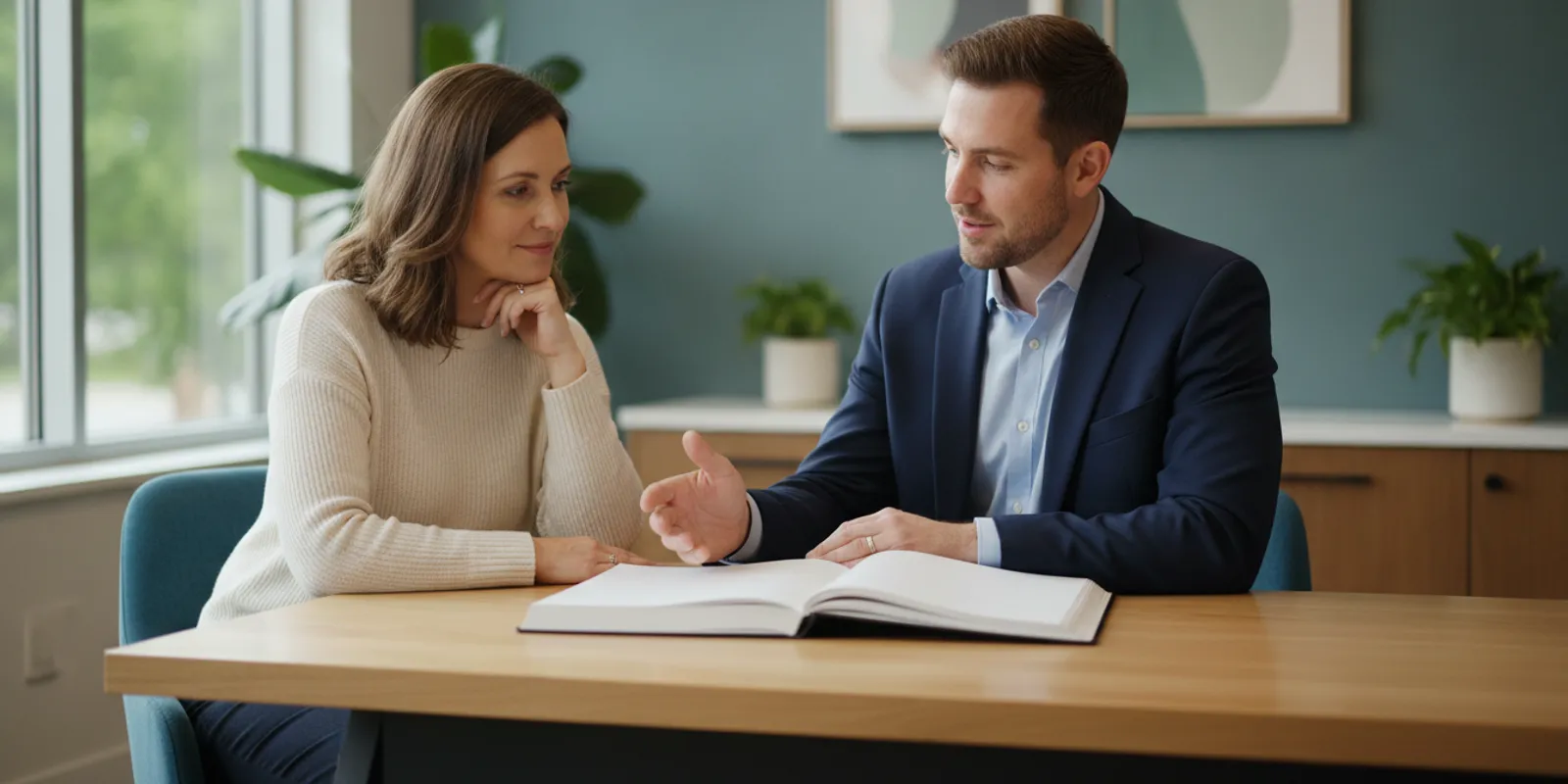 Chiropractor discussing a care plan with a patient in a calm clinic setting
