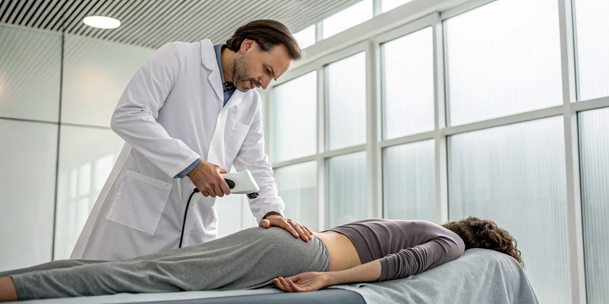 Doctor applying laser therapy to a patient's lower back for a bulging disc.