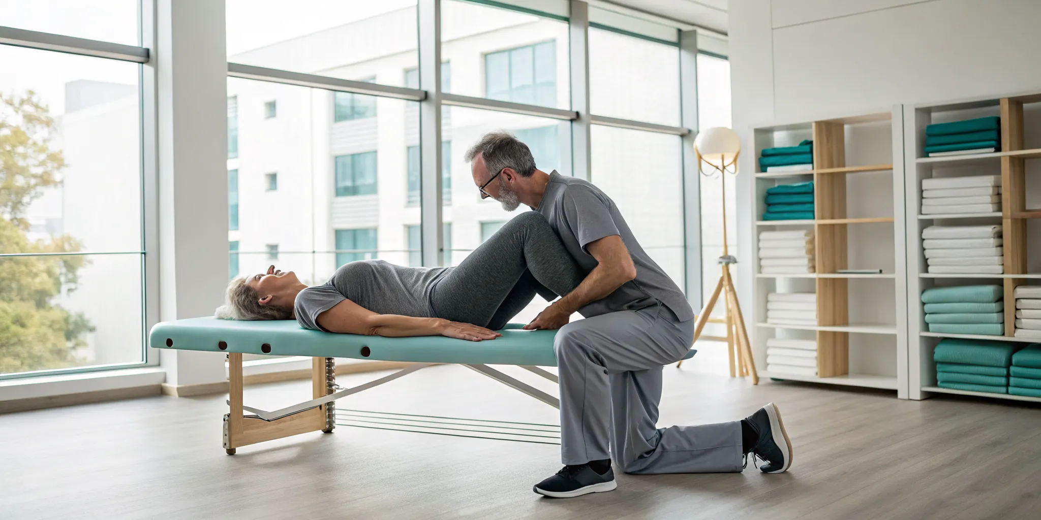 Therapist assists a patient with physical therapy treatment for sciatica pain.