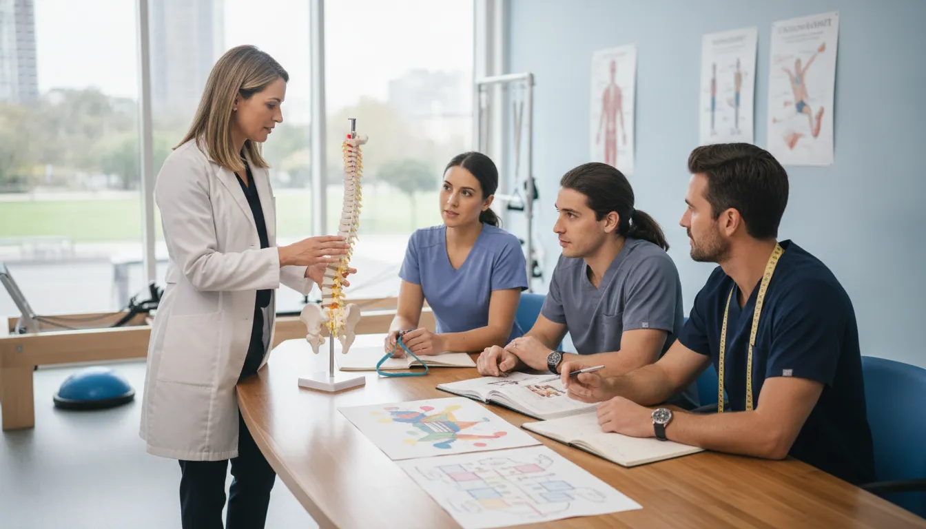 Chiropractic practice owner and clinical team reviewing a patient care plan in a modern rehabilitation clinic