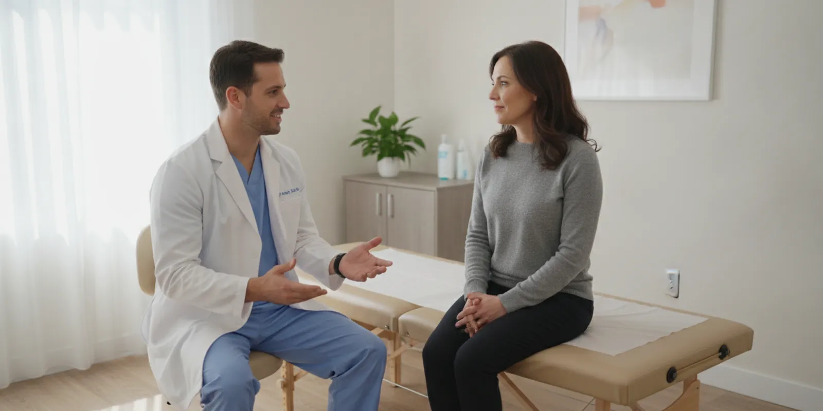 Chiropractor speaking with a patient after an adjustment in a calm treatment room