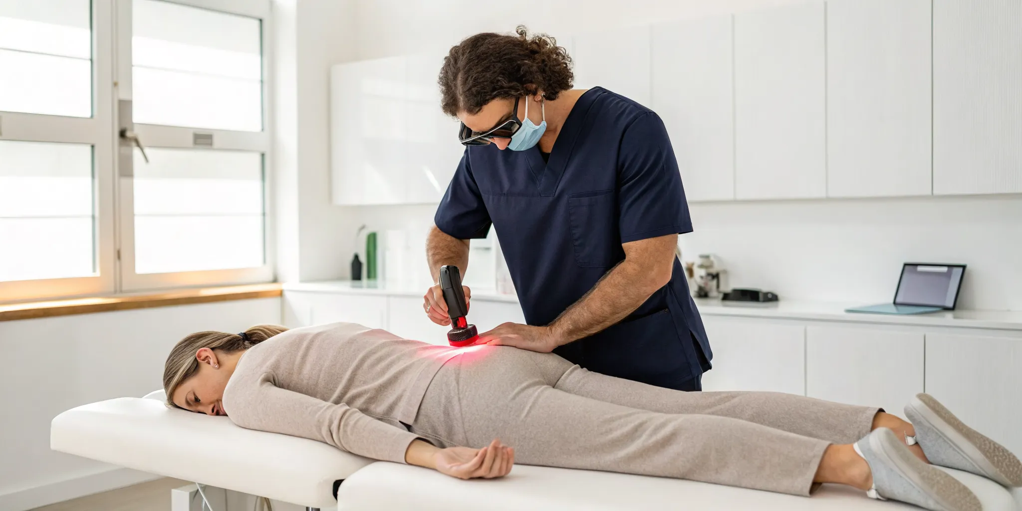 Laser therapy being applied to a patient in a modern chiropractic franchise clinic.