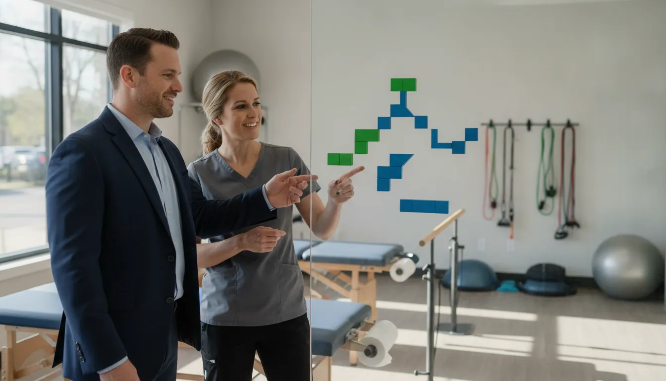 Chiropractic practice owner and clinical director reviewing franchise clinic operations