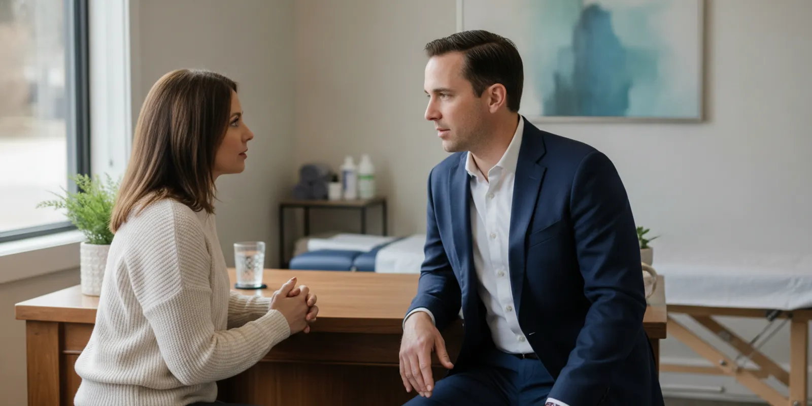 Chiropractor discussing a care plan with a patient in a welcoming clinic