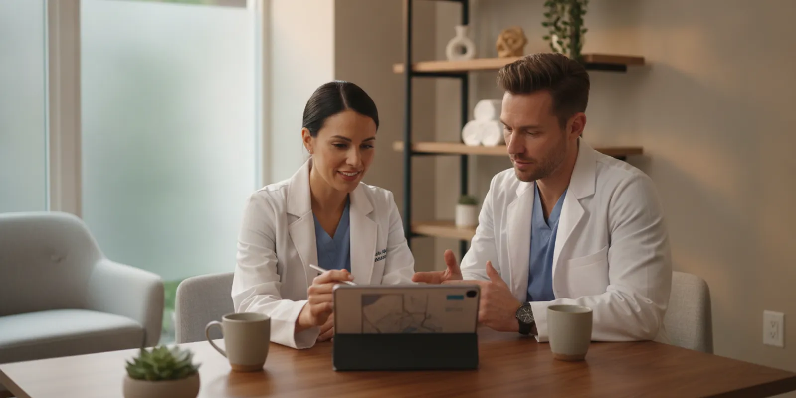Chiropractor reviewing a care plan with a colleague in a bright, welcoming practice