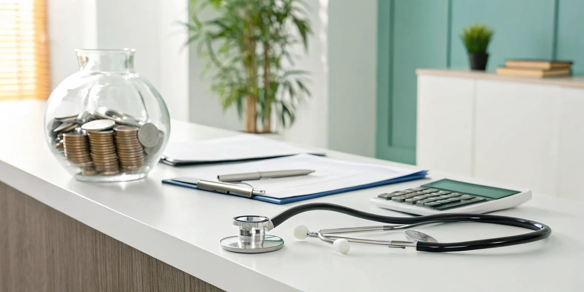 Stethoscope, coins, and a calculator on a desk to determine the HealthSource franchise cost.