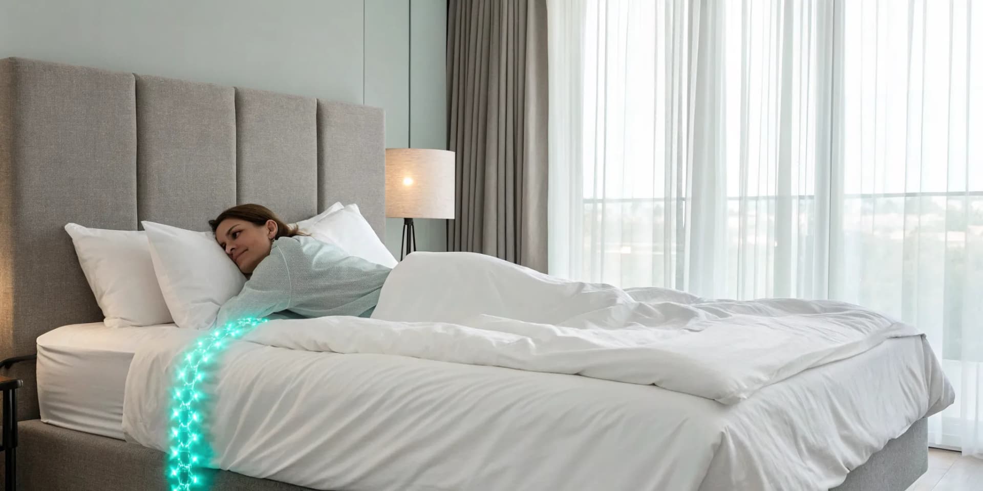Woman in bed with a glowing spine overlay, connecting sleep quality to spinal health.