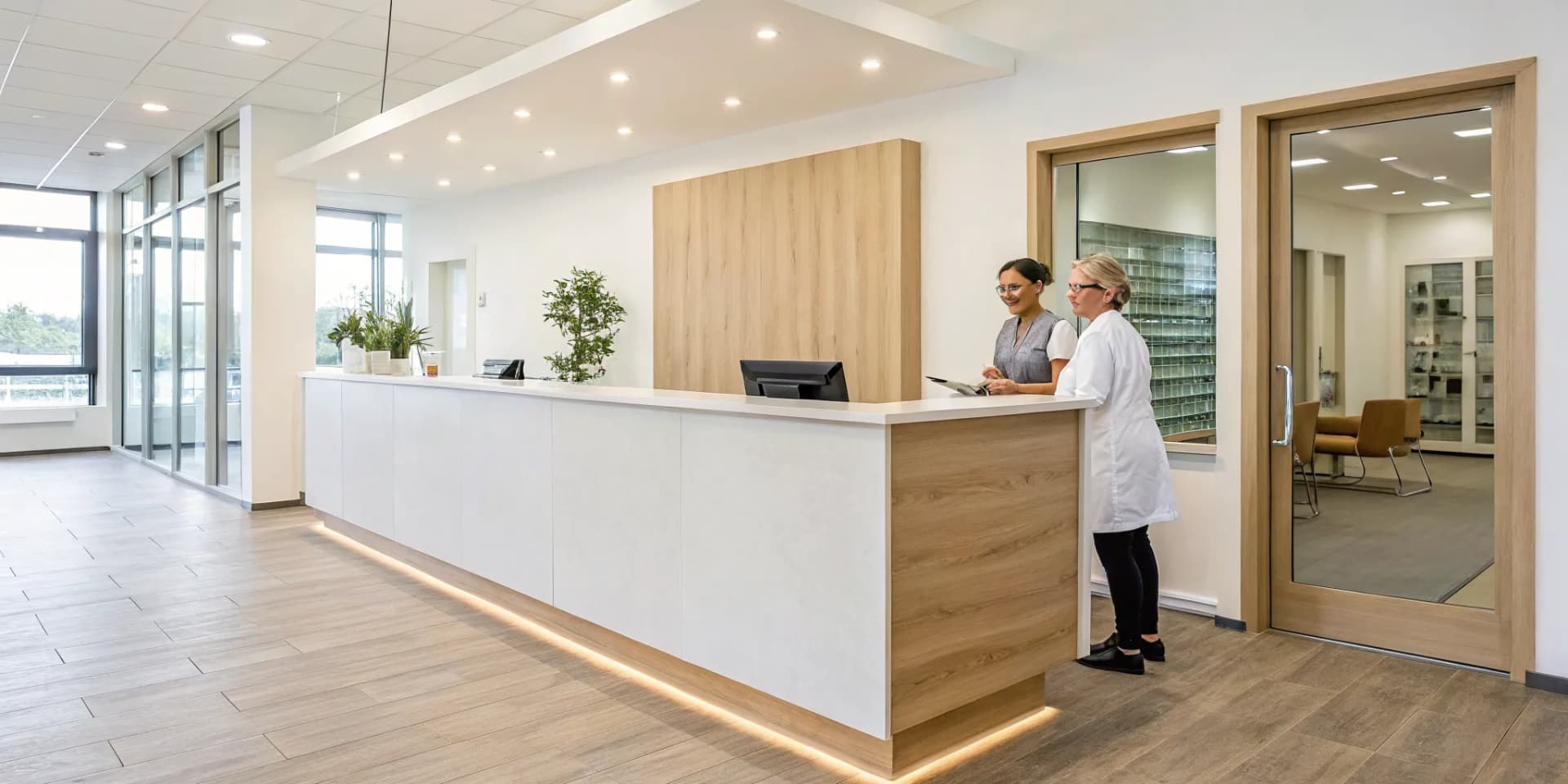 Chiropractic clinic staff discussing how to add cash-based services at the reception desk.