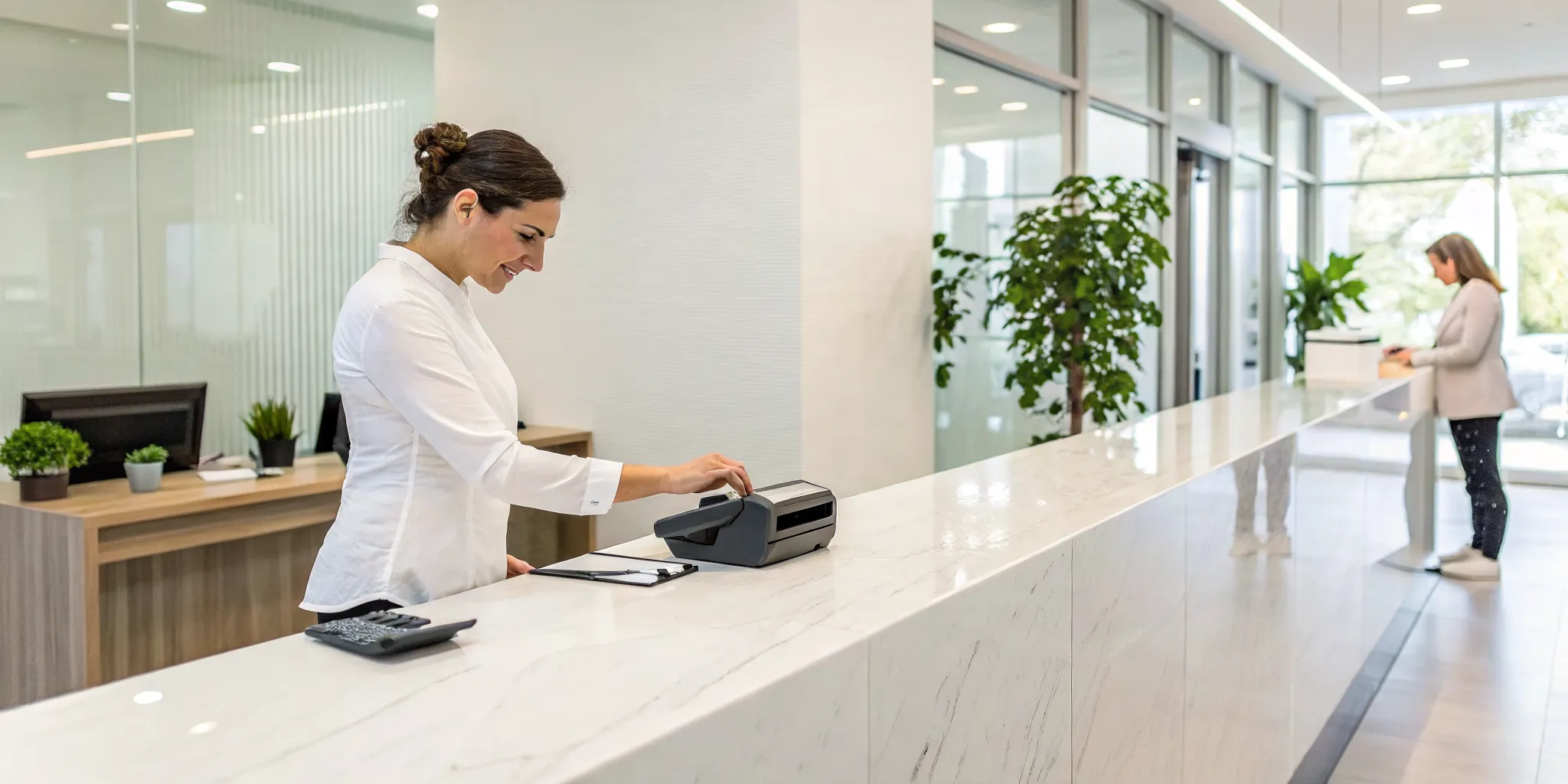 Chiropractic practice adding cash services by taking a patient's payment at the front desk.