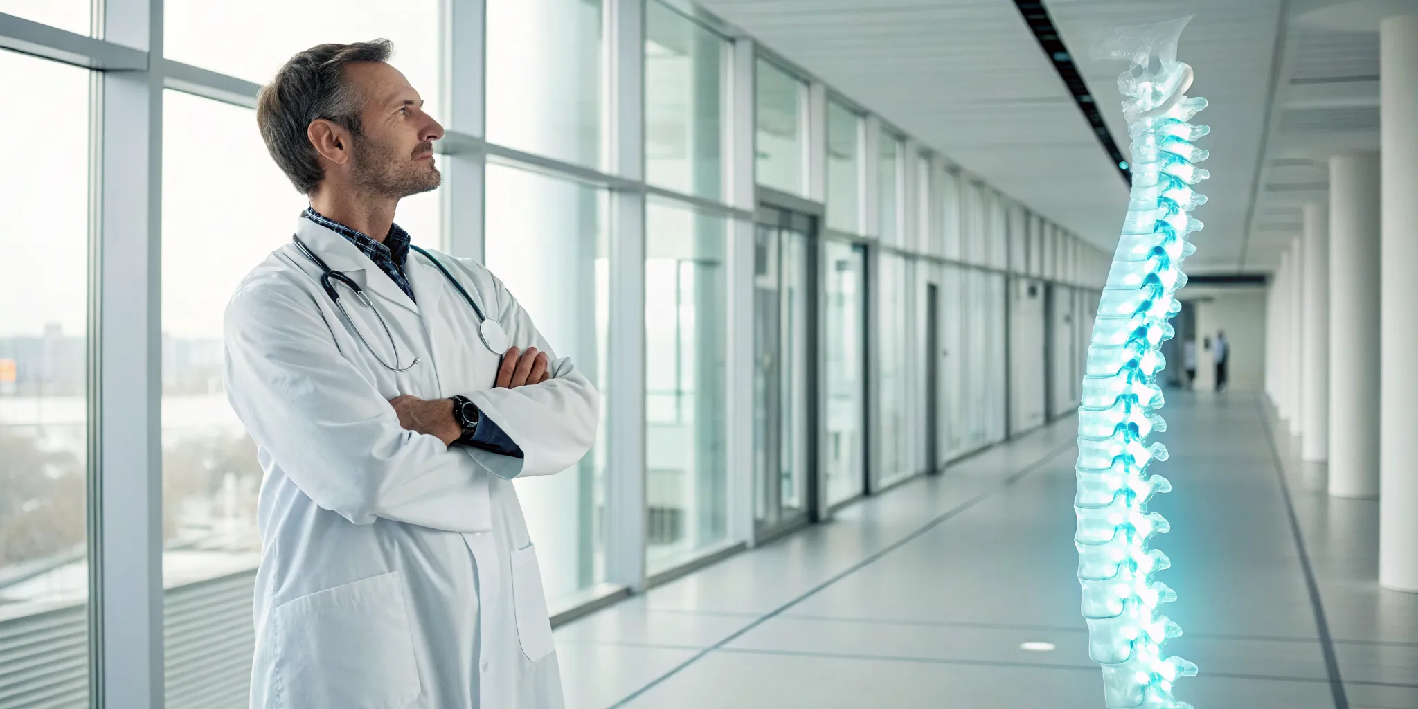 A spinal disc specialist examines a digital model of the human spine in a medical office.