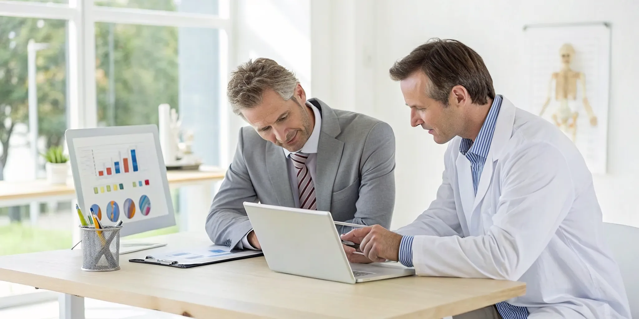 Chiropractic practice management consultant discussing clinic operations and growth with a chiropractor.