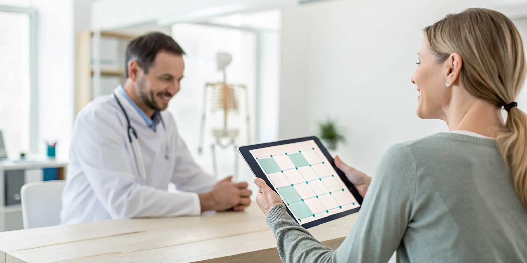 Patient signing up for a chiropractic maintenance plan on a tablet with a chiropractor.