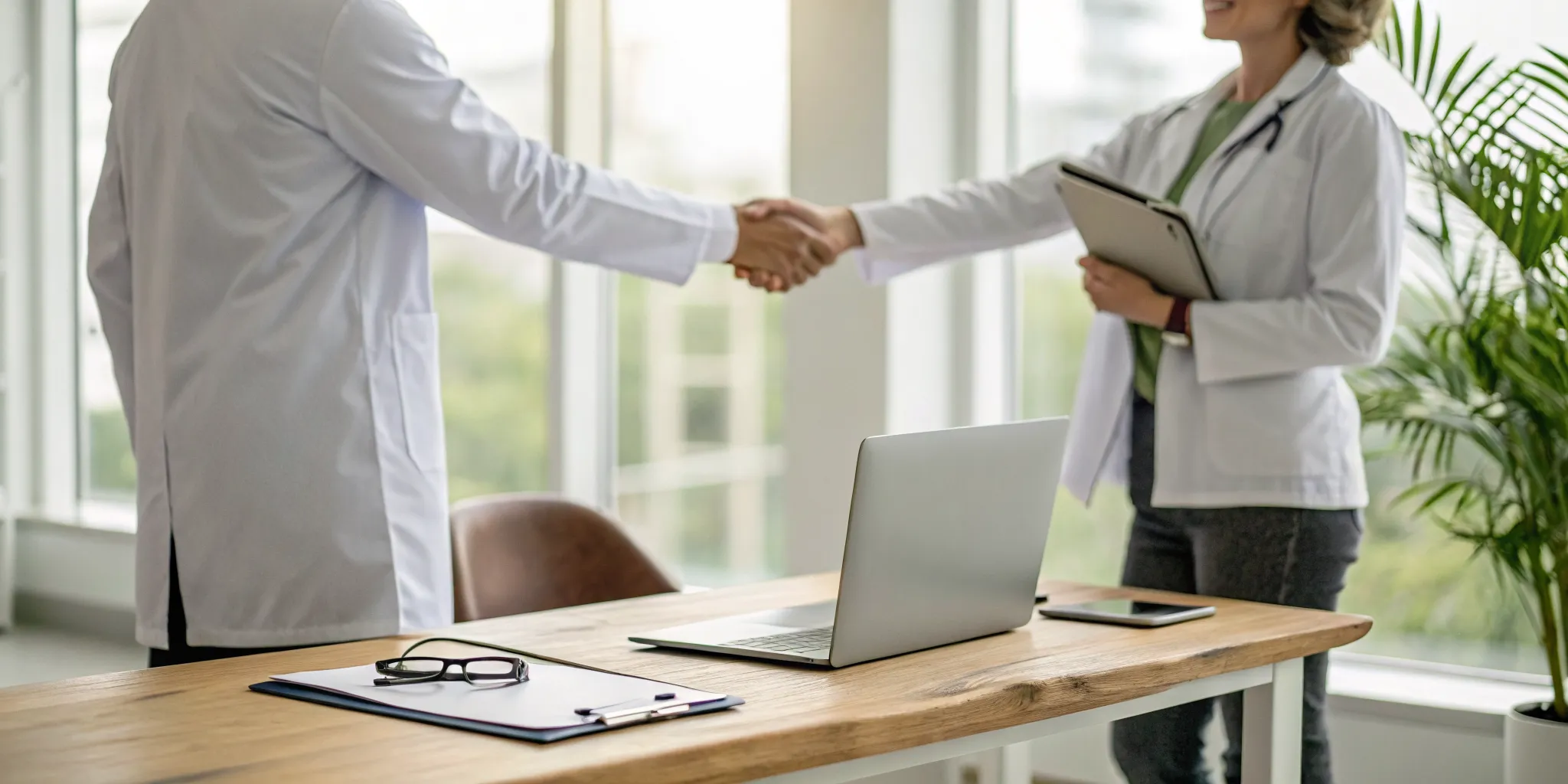 Two chiropractors shaking hands after a successful chiropractic associate hire.