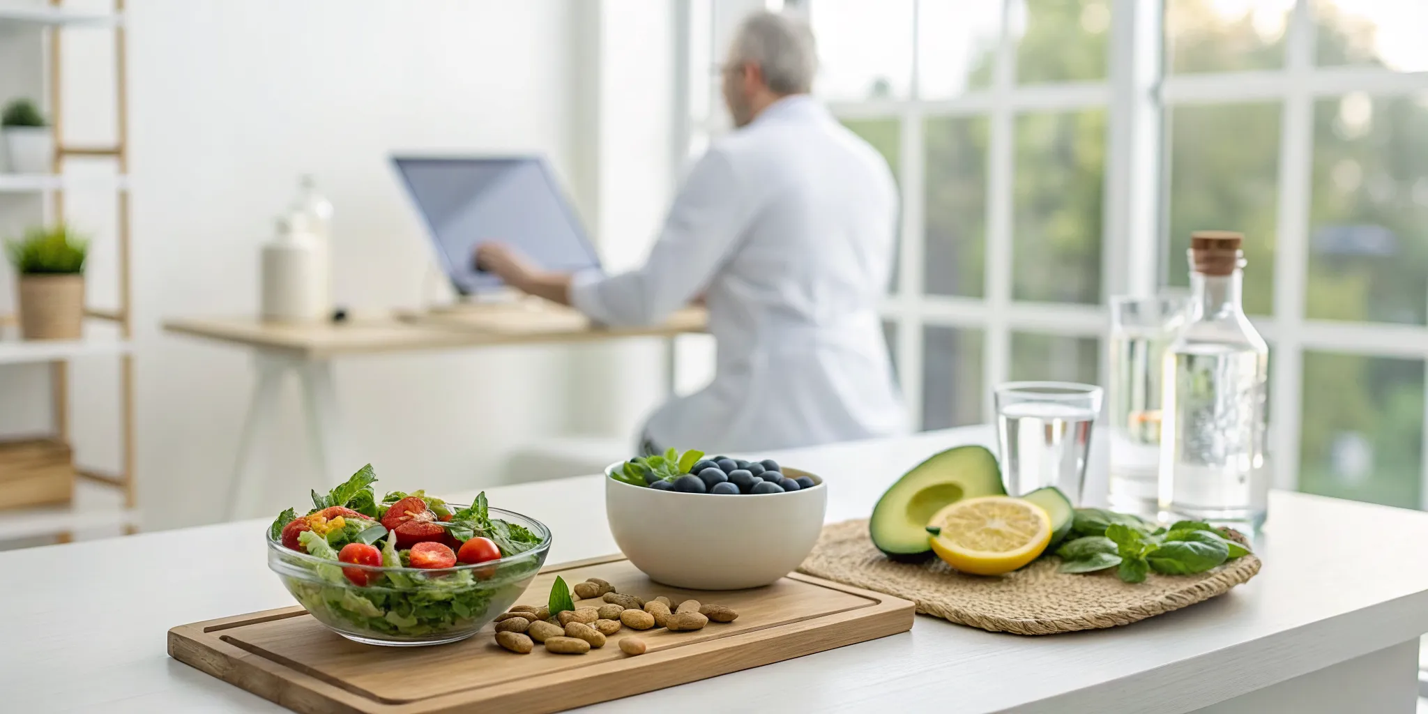 A chiropractor's plan to incorporate nutrition into their practice with healthy foods on a desk.